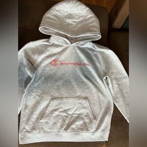 Champion Gray Hooded Sweater Pink Logo Size XL